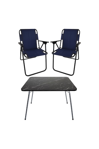 Bofigo 60X80 Granit Desenli Katlanır Masa + 2 Adet Katlanır Sandalye Kamp Seti Bahçe Takımı Lacivert