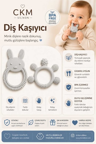 Bebek Diş Kaşıyıcı Kolay Tutuş, Güvenli Kullanım Gri