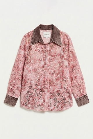 it's basic Kadın Pembe 4s6-157 Oversize Özel Tasarım Dantel Ve Gül Detaylı Denim Yakalı Gömlek Ceket