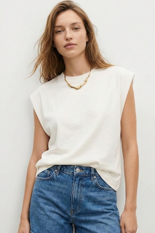 Elemge %100 Pamuk Süprem Tok Kumaş Kadın Oversize Ekru T-shirt Geniş Omuzlu Dökümlü Kolsuz Bol Kalıp