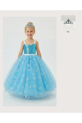 Butikhappykids Frozen Elsa Kostümü Askılı Kız Çocuk Prenses Elbisesi + Taç Mavi
