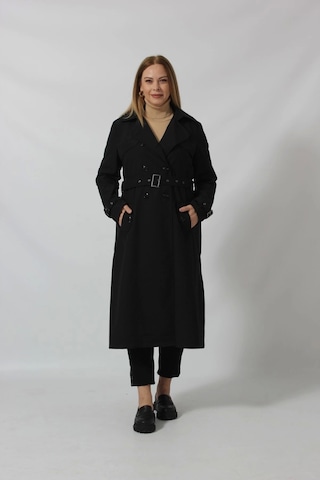 Dizaltı Düğmeli Kuşaklı Trençkot Siyah Siyah