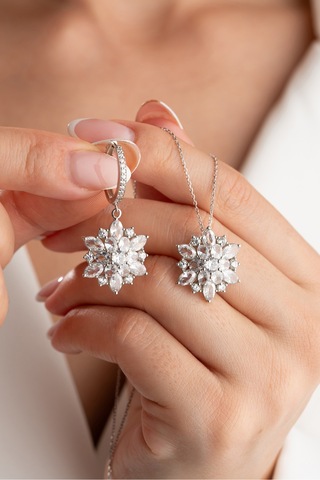 Çekirdekjewelry 925 Ayar Gümüş Zirkon Taşlı Kar Tanesi Kolye Ve Küpe Seti Gri