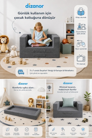 Cozygo Katlanabilir Çocuk Koltuğu Ve Yatağı 3 Ü 1 Arada Antislip Tabanlı Taşınabilir Oyun Alanı Gri
