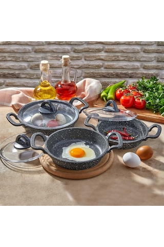 Eda Cookware Asya 3'lü Sahan Seti Cam Kapaklı Döküm Gri  Yuvarlak