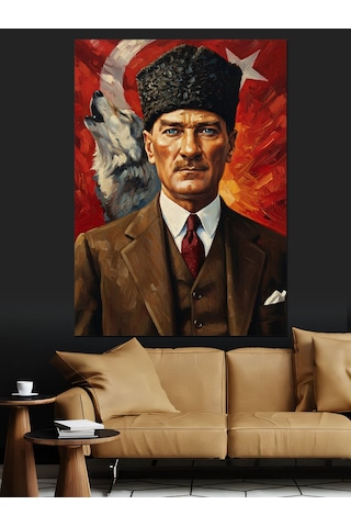 Bozkurt Ve Türk Bayraklı Atatürk Dekoratif Kanvas - Mdf Ahşap Tablo