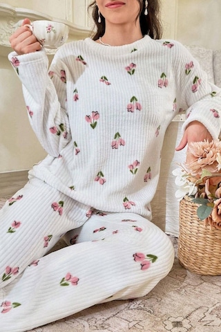 Bella Notte Çiçek Desenli Fitilli Pamuklu Uzun Pijama Takımı Kırık Beyaz