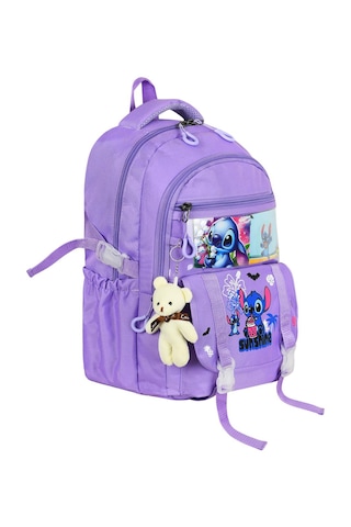 Stitch Baskılı Ortopedik Aksesuarlı Anahtarlıklı Okul Çantası Termal Beslenme Ve Kalemlikli Set Mor