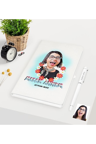 Kişiye Özel Melek Annem Karikatürlü Beyaz Defter Kalem Seti Beyaz