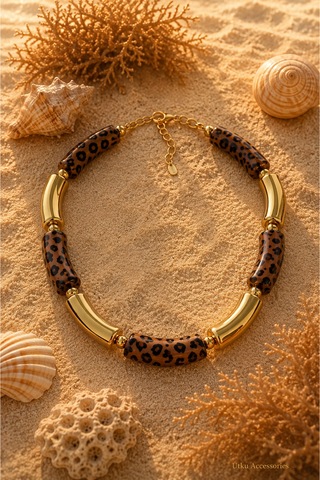 Leopar Kahverengi Gold Uyumlu Kemik Çelik Kolye Altın