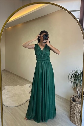 Neşeli Butik Kadın Drapeli Işıltılı Kalın Askılı Abiye Elbise Nm003 Zümrüt Yeşili