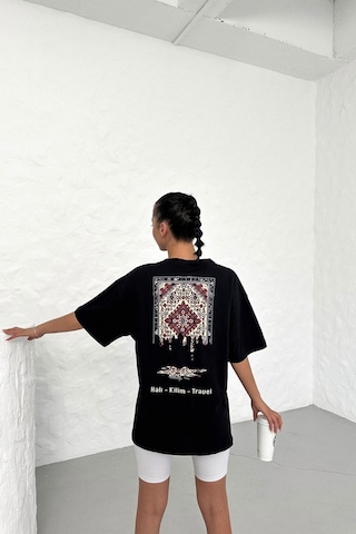 Technomonkey Unisex Siyah Oversize Halı Kilim Travel Desenli Techno Tişört
