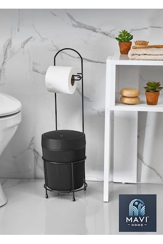 Kovalı Tuvalet Kağıtlığı, Çöp Kovalı Tuvalet Kağıdı Askısı, Banyo Çöp Kovası, Tuvalet Kağıtlık Siyah