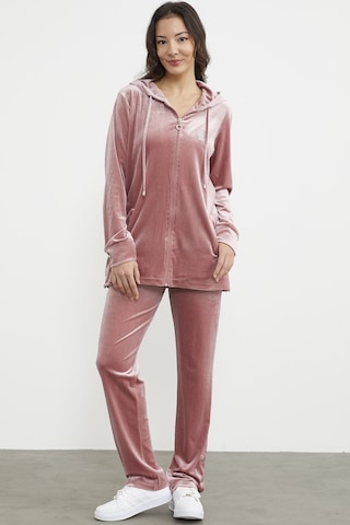 Tam Fermuarlı Tunik Boy Kadife Eşofman Takım - Pudra 001