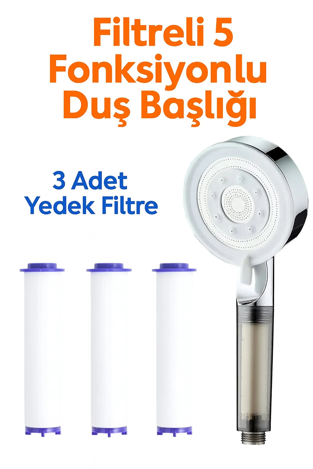 Filtreli 5 Fonksiyonlu Duş Başlığı +3 Yedek Filtre Su Tasarruflu, Basınçlı, Kireç Önleyici Beyaz