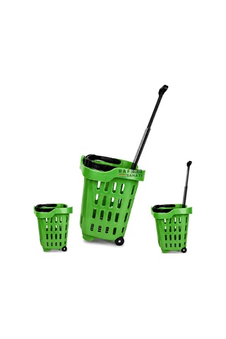 10 Adet - 43 Lt Tekerlekli Market Sepeti Plastik Alışveriş Sepeti Ergonomik Çift Saplı Yeşil