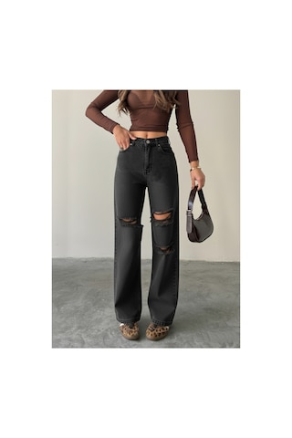 Blue Marlın Çift Diz Lazer Yırtık Boyfriend Bol Paça Jeans Siyah