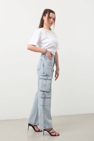 Kadın Baggy Kalıp Kargo Cepli Jean Pantolon Mavi 001