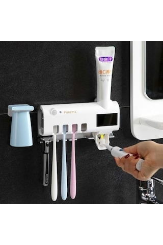 Bosphorusboutique02 Jms Güneş Enerjili Uv Diş Fırçası Sterilizatörü, Otomatik Diş Macunu Dağıtıcı, Beyaz/ Beyaz