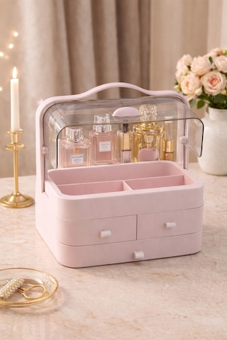 Elora Pembe Makyaj Organizeri, 35x26x17,5 Cm, 3 Çekmeceli, Şeffaf 90 İki Kapaklı