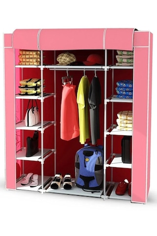 Dzgn Home Çift Yandan Raflı Plastik Bez Dolap Gardırop-pembe Pembe