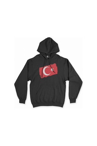 Cix Dikdörtgen Türk Bayraklı Siyah Kapşonlu Sweatshirt Hoodie SIYAH