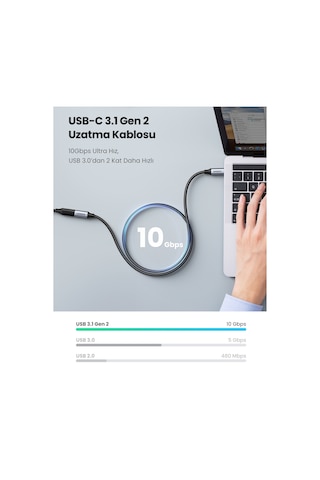 Ugreen Usb-c Erkek - Dişi Gen2 5a Örgülü Kablo 0.5 M, Siyah, 80810