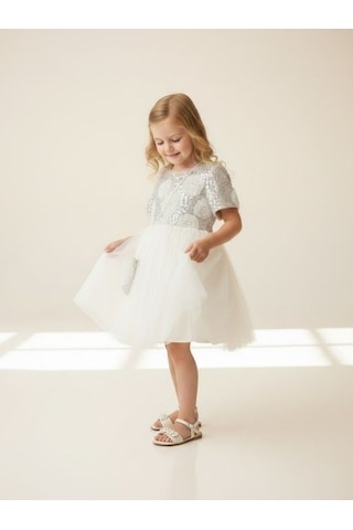 Zekids Kız Çocuk Tasarım Pullu Abiye Elbise-17235 Bej