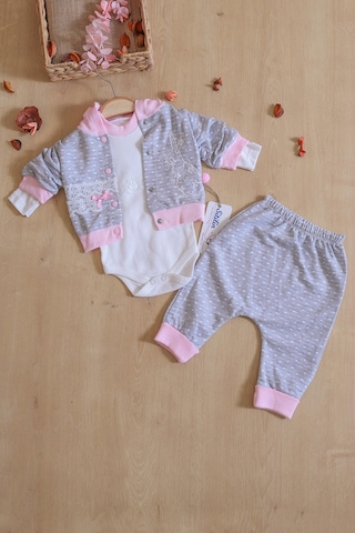 Sitilin Kız Bebek Tavşan 3 Lü Kapişonlu Bebek Takım Seti Stl6418 Gri - Pembe
