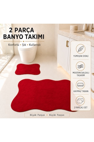 2 Li Banyo Paspası Halısı Seti Kaymaz Tabanlı Yıkanabilir Klozet Takımı Kırmızı