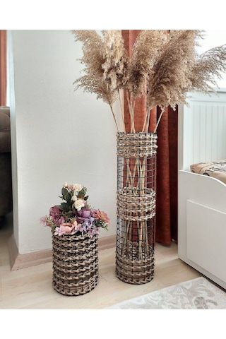 Egindra Trendev Metal Tel Hasır Örgülü Özel Tasarım Pampas Vazosu 25 Ve 50 Cm 2Li Set