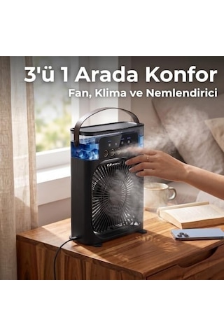 Concord Air Cooler Fan - Sulu Taşınabilir Mini Klima Ve Hava Soğutucu, 3 Kademeli Türbin Vantilatör, 7 Renkli Led Işıklı Ve Zamanlayıcılı Nemlendirici Masa Fanı Siyah