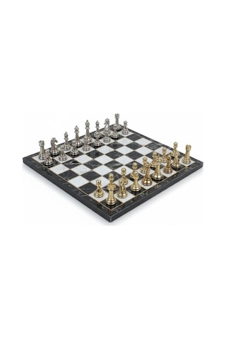 Lüks Metal Satranç Takımı Krom Kaplama Klasik Gold Temalı Figür Siyah Mermer Desenli Tahta 20 Cm.