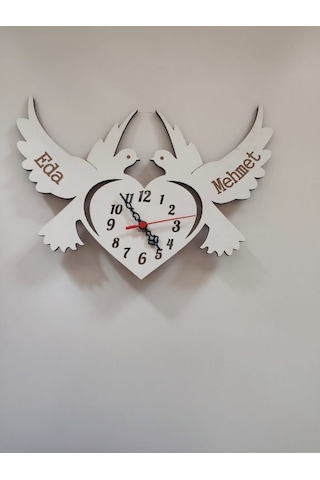 Duvar Saati Kuşlu Kişiye Özel Beyaz