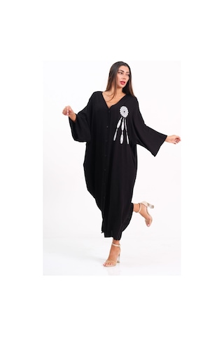 Keyifli Moda Kadın Siyah V Yaka Sırtı Ve Göğsü Tüy Nakışlı Cepli Oversize Uzun Gömlek Elbise - Sıyah Siyah