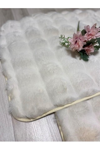 Bubble Tavşan Tüyü, Kaymaz Taban, Pofuduk, Ultra Lüks, Yıkanabilir 2'li Banyo Paspası Ekru Çok Renkli
