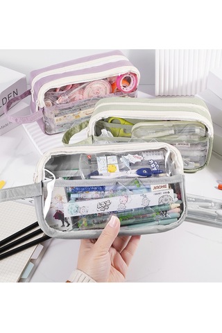 Tuomeng Büyük Kapasiteli Leke Tutmaz Kalem Kutusu Öğrenci Basit Tarzı Şeffaf Kalem Kutusu Beyaz