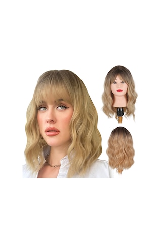 Pretfy 38cm Kahküllü Kısa Saç Peruk Dalgalı Sarı Saç Peruk İsıya Dayanıklı Sentetik Kadınlar İçin Cosplay Parti Günlük Kullanım