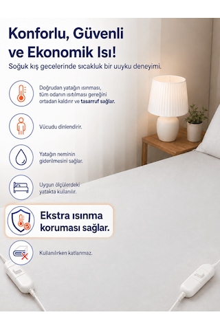 Beylini Omak Çift Kişilik Elektrikli Battaniye Çift Kumandalı Tam Güvenlikli Dayanıklı Çift Kademeli Termostatlı Elektrikli Yatak Isıtıcı 140x170 Cm Beyaz