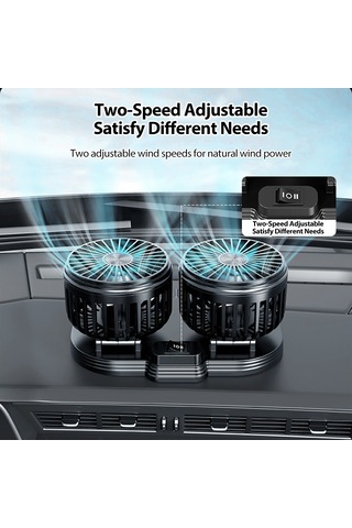 Reedark 12v/24v Arabalı Çift Başlı Usb Katlanabilir Fan - 2 Seviye Hız, 360 Döner, Sessiz Soğutma, Ön/arka Koltuk İçin Siyah Fl-111-usb