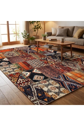 Turuncu Kahve Çok Renkli Salon Halısı Etnik Patchwork Dijital Baskılı Kaymaz Tabanlı Halı Dijital