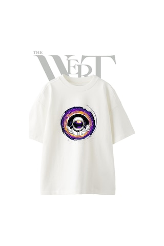 Thewert Astronot Kara Delik Tasarım Baskılı Ünisex Beyaz Oversize T-shirt