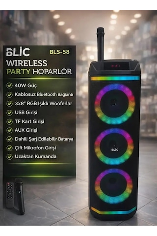 Blıc Bls-58 40w Karaoke Hoparlör Kablosuz Mikrofonlu Bluetooth 5.4 Taşınabilir Ses Sistemi Rgb Led Uzaktan Kumandalı