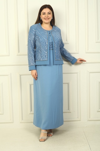 Kadın Boncuk Pul İşlemeli Tül Ceket Yarım Ay Kollu Uzun Elbise Astarlı Büyük Beden 2'li Takım İndigo