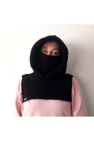 Kemzey Handmade El Yapımı Balaklava, Örgü Şapkalı Boyunluk , Yünlü Şapka Siyah