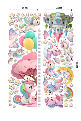 Unicorn Temalı Boy Ölçerli Duvar Sticker Seti - Mat, Sökülebilir, Çocuk Odası Dekoru 01