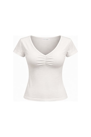 Mixray 2080 Kadın V Yaka Büzgü Detaylı Kısa Kollu Basic T-shirt Beyaz