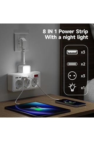 Honeybeeshop Siyah 8li Set Ab Güç Panosu 3 Renk Ayarlanabilir Gece Lambası 3 Ac Soket 3 Usb 2 Tip-c Duvar Şarj İstasyonu Ev Ofis Seyahat İçin