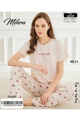 Mihra Kadın Bisiklet Yaka Milan Likralı Kısa Kol Pijama Takımı 50107ekru - 1 Adet Ekru