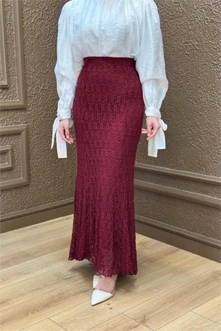Neşeli Butik Kadın Bordo Dantel Kumaş Maxi Boy Tesettür Etek